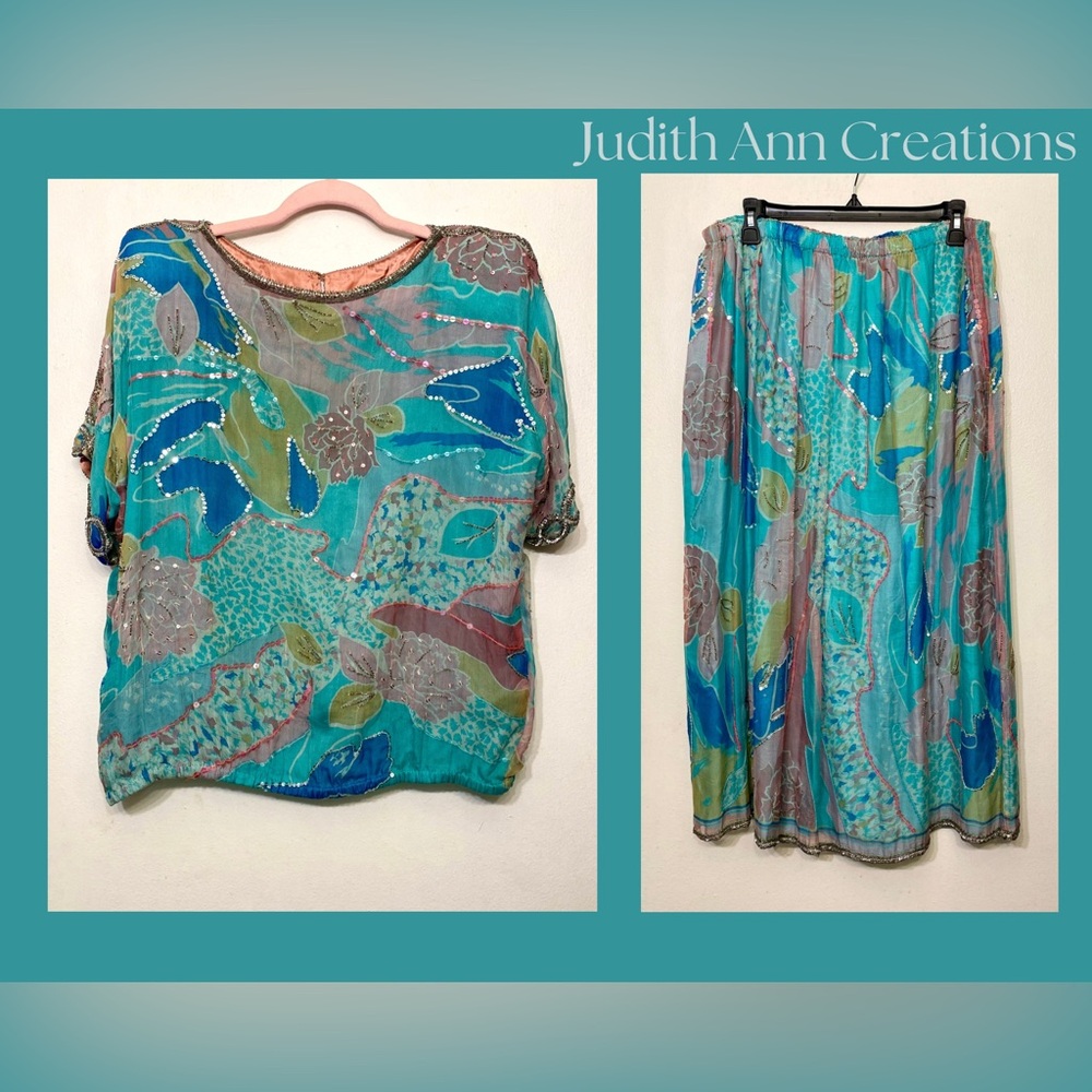 Judith Ann Creations Inc Vintage 2 Piece Silk Sequin Embellished Skirt Set Large